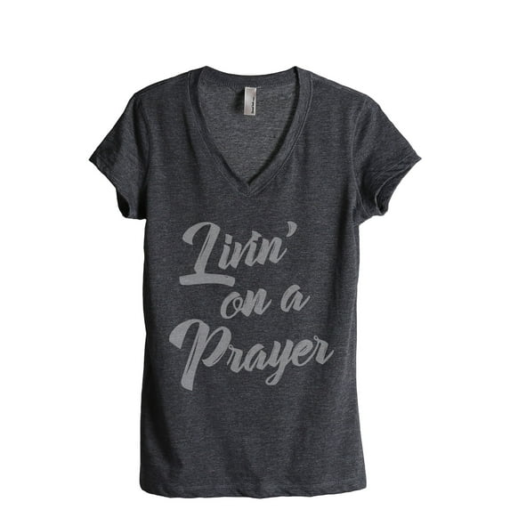 Livin' On A Prayer Women's Fashion Relaxed V-Neck T-Shirt Tee Charcoal Grey Large