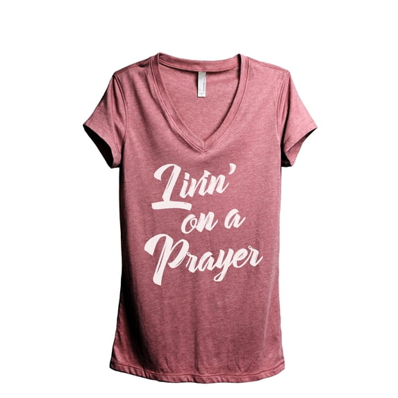 Livin' On A Prayer Women's Fashion Relaxed V-Neck T-Shirt Tee Heather Rouge 2X-Large
