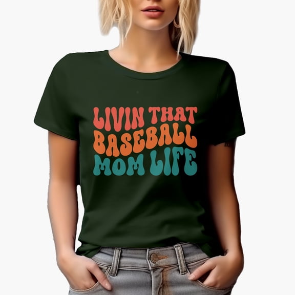 Livin That Baseball Mom Life, Mom of a Player Themed Quote, Groovy Retro Wavy Text Merch Gift, Military Green T-Shirt, 2XL