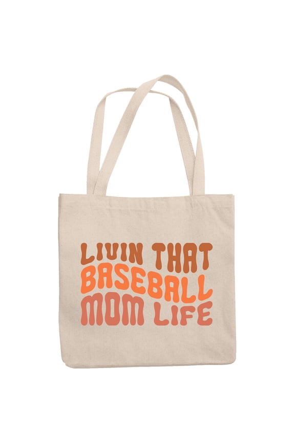 Livin That Baseball Mom Life Quote, Groovy Retro Wavy Text Merch Gift, 12oz Canvas Tote Bag