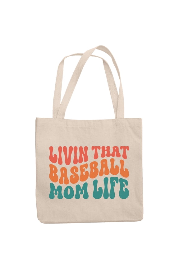Livin That Baseball Mom Life Saying, Groovy Retro Wavy Text Merch Gift, 12oz Canvas Tote Bag