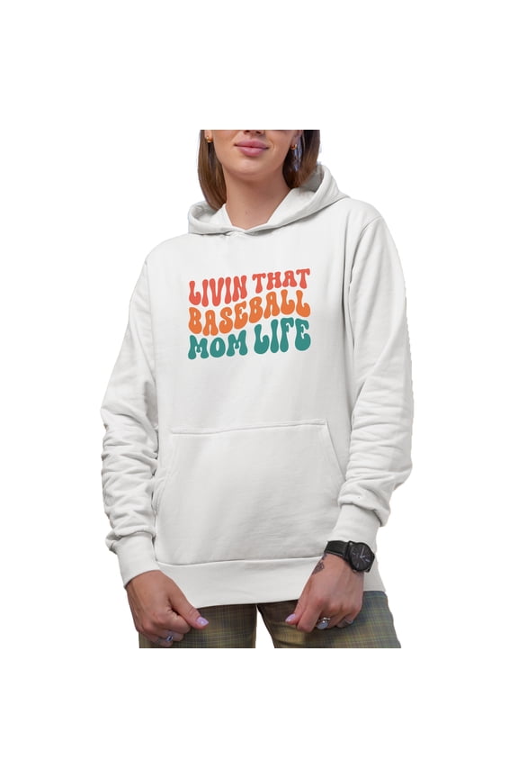 Livin That Baseball Mom Life Saying, Groovy Retro Wavy Text Merch Gift, White Hooded Sweatshirt or Hoodie, Small