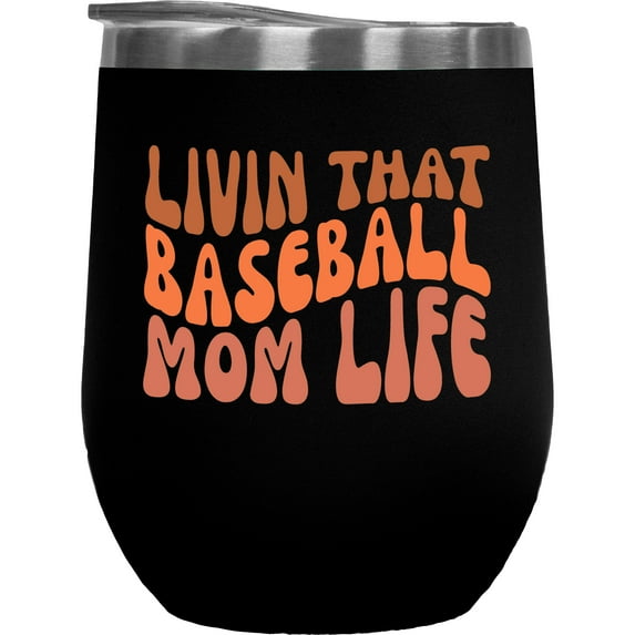 Livin That Baseball Mom Life, Sports or Mom of a Player Themed Quote, Groovy Retro Wavy Text Merch Gift, Black 12oz Wine Tumbler