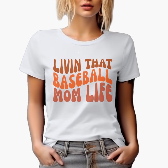 Livin That Baseball Mom Life, Supportive Mother Quote, Groovy Retro Wavy Text Merch Gift, White T-Shirt, 3XL