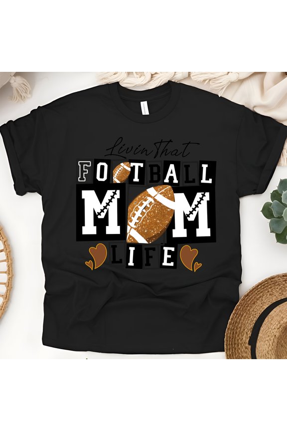 Livin’ That Football Mom Life T-Shirt | Glitter Game Day Tee, Black, Size M