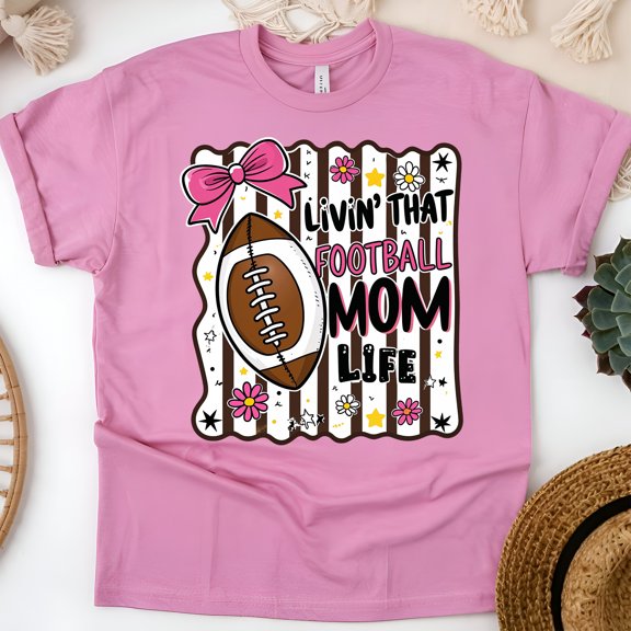 Livin’ That Football Mom Life T-Shirt | Pink Bow Game Day Tee, Azalea, Size S