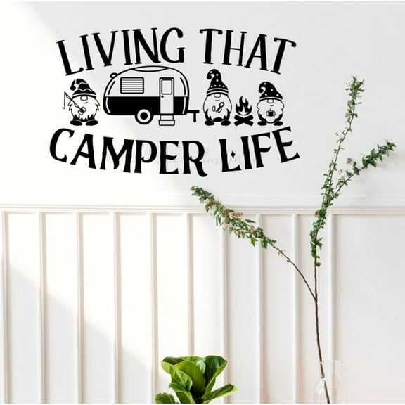 Living That Camper Life Gnomes Vinyl Camper Decals - Removable Wall Lettering Decals for RV Trailers - Retro RV Camper Decals Sayings for Wall Decor - Die-Cut Vinyl Graphics for RV, 23x13-Inch, Black