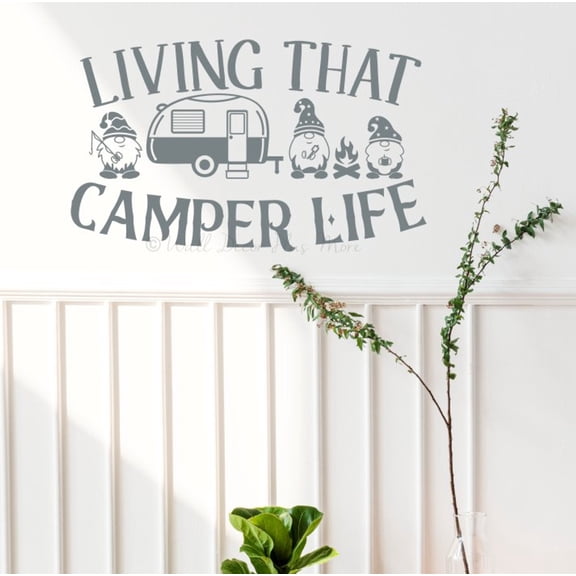 Living That Camper Life Gnomes Vinyl Camper Decals - Removable Wall Lettering Decals for RV Trailers - Retro RV Camper Decals Sayings for Wall Decor - Vinyl Graphics for RV, 23x13-Inch, StormGray