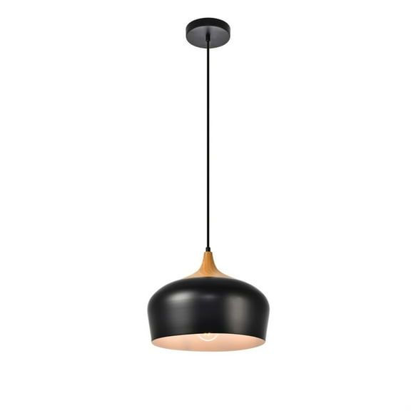 Living District Nora 1 Light Aluminum Pendant in Black & Natural Wood