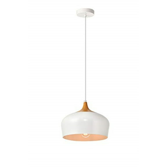 Living District Nora 1 Light Aluminum Pendant in White & Natural Wood