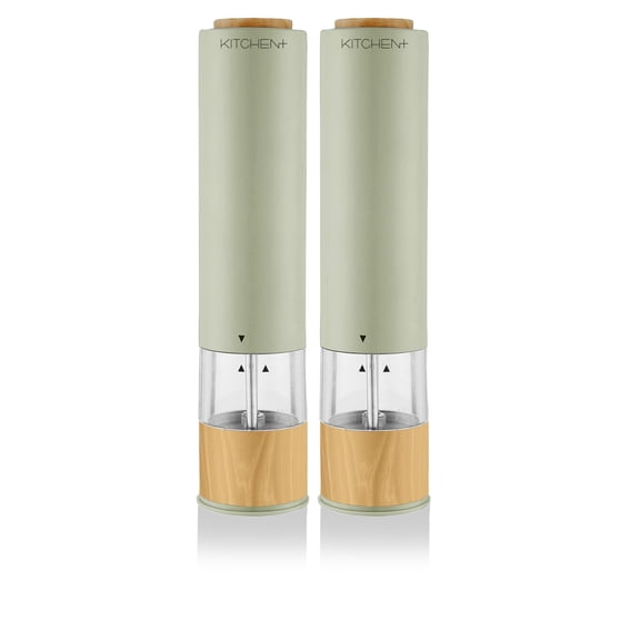 Living+ Electric Salt and Pepper Grinder Set – Automatic Battery Salt & Pepper Mills with Adjustable Grind, Built-In Light, Sleek Matte + Wood Trim Design, Easy Refill, Durable Ceramic Spice Grinder