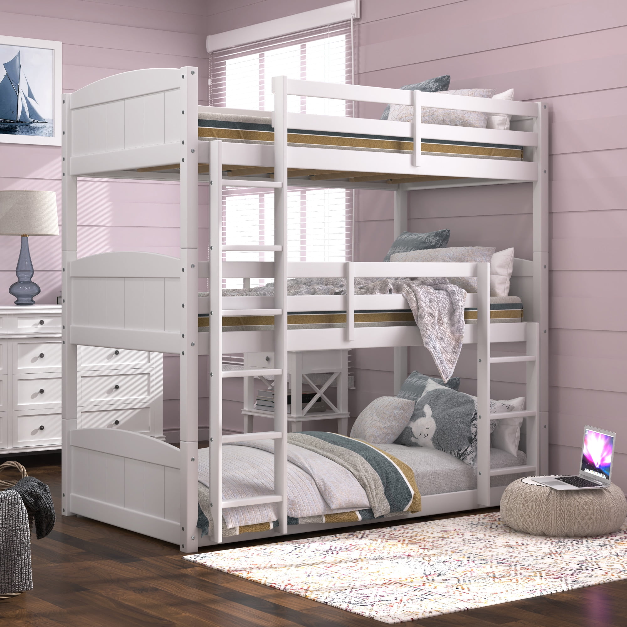 Hillsdale Kids Wooden Triple Twin Bunk Bed with Guardrails, White