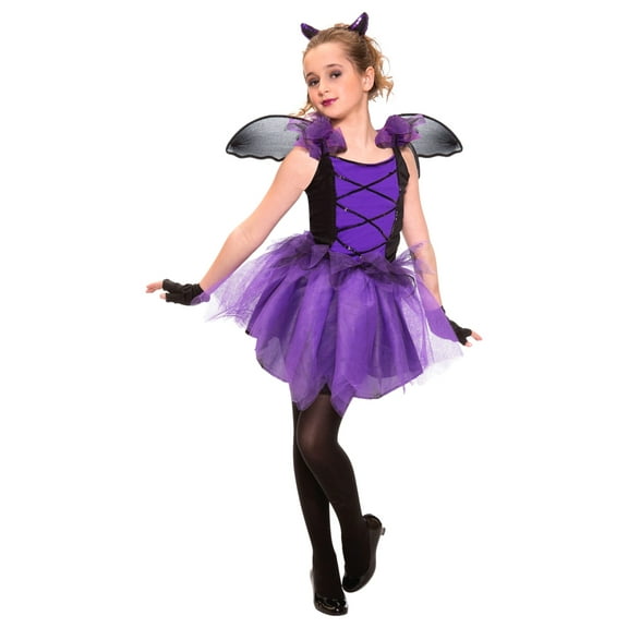 Living Fiction Girls Purple Bat Fairy Costume Dress Wings Headband Large (10-12)