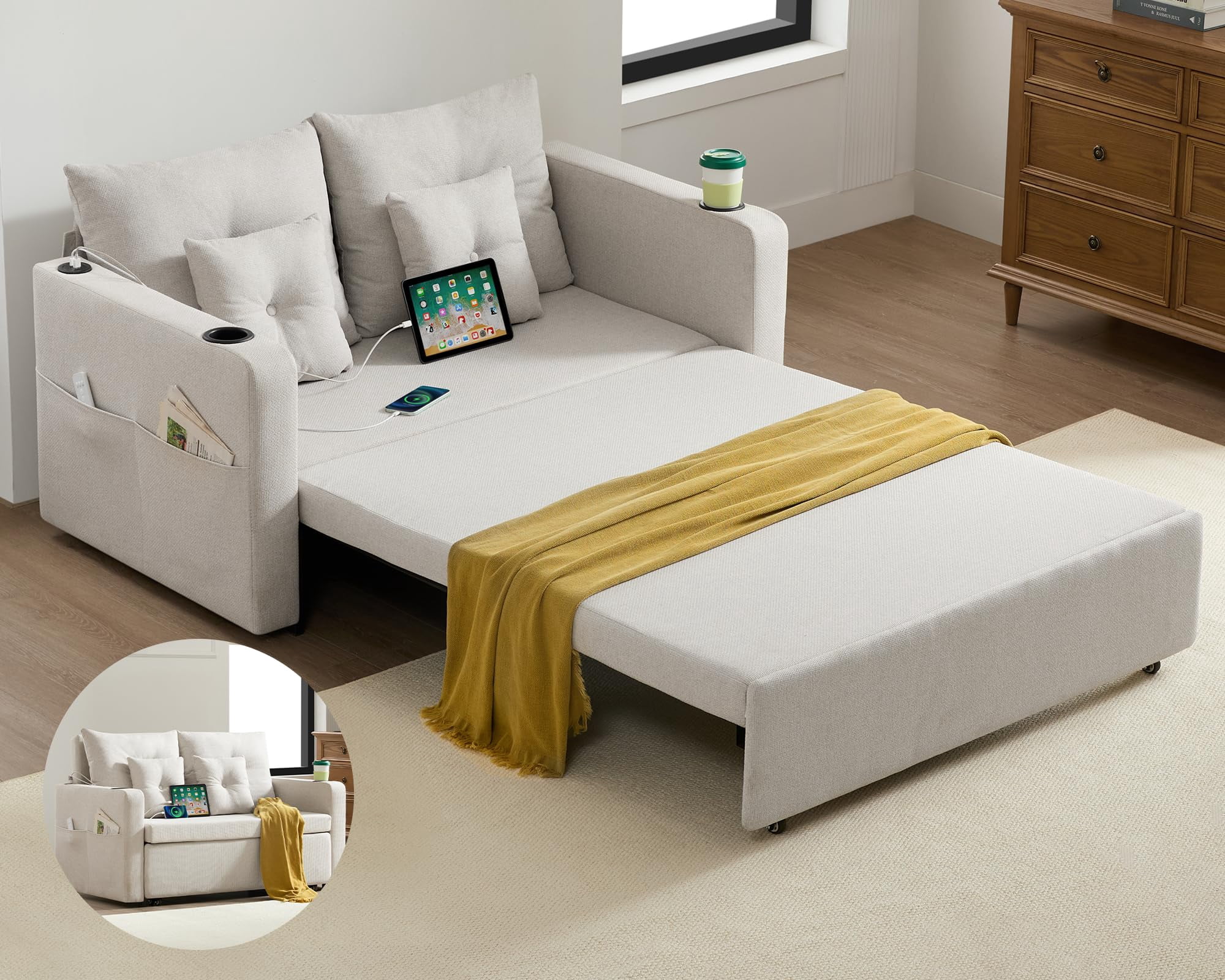 Living&Giving 3 in 1 Convertible Sleeper Sofa Bed, 56 Inch Loveseat Sofa, Pull Out Couch Bed with Storage Pockets, Cup Holders, USB, Sofa Cama for Living Room, Bedroom, Apartment, Beige White
