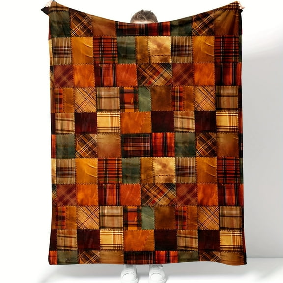 Living Hall Modern Patchwork Plaid Flannel Blanket - All-Season Soft Polyester Vibrant Mixed Colors, Cozy Bedspread & Sofa Throw, Christmas Home Decor Gift, Comfortable Nap Blank