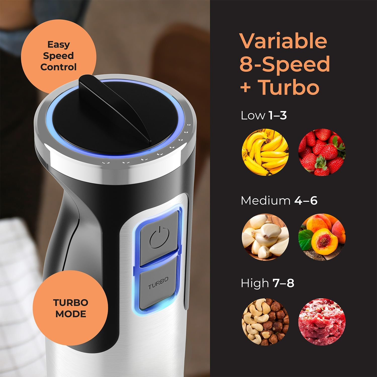 Living Immersion 8-Speed Hand Blender with Full 7-Piece Attachment Set, Includes Stainless Steel Blade, Whisk, Milk Frother, Beater, Mixing Hooks, Potato Masher & Chopper Bowl