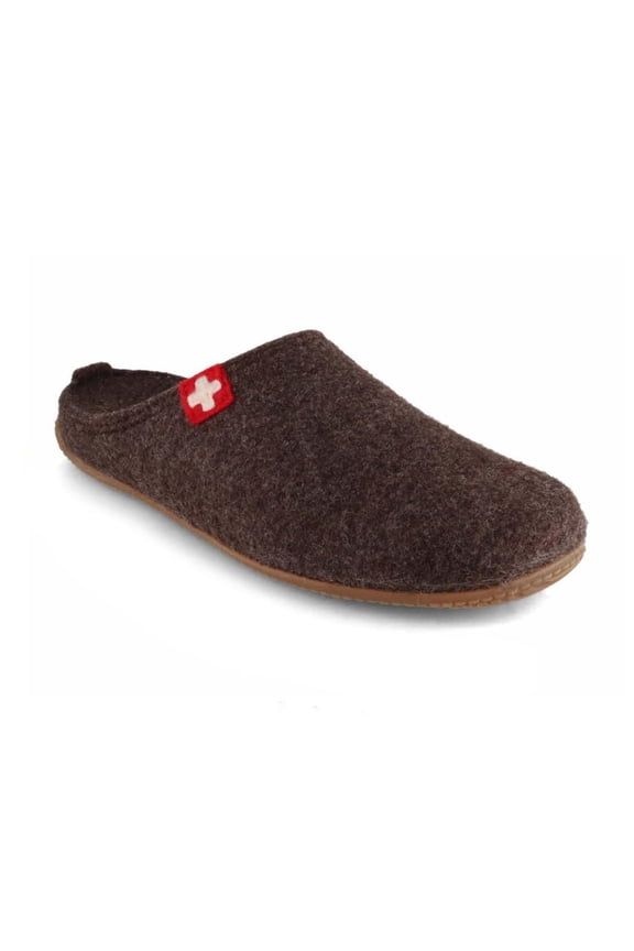 Men Women Felt Slippers 'Swiss Cross', dark oak