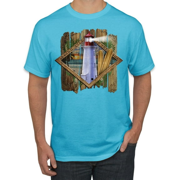 Living Life In The Sun Surfboards Sunsets Lighthouse Pop Culture Men's Graphic T-Shirt, Light Turquoise, Medium
