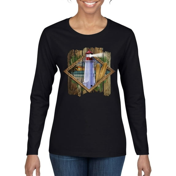 Living Life In The Sun Surfboards Sunsets Lighthouse Pop Culture Womens Graphic Long Sleeve T-Shirt, Black, Small