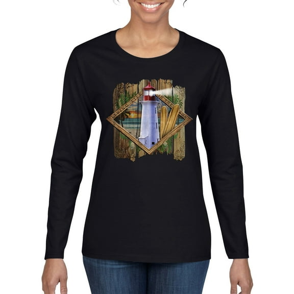 Living Life In The Sun Surfboards Sunsets Lighthouse Pop Culture Womens Graphic Long Sleeve T-Shirt, Black, X-Large