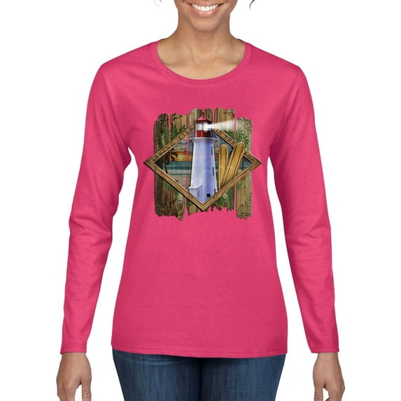 Living Life In The Sun Surfboards Sunsets Lighthouse Pop Culture Womens Graphic Long Sleeve T-Shirt, Fuschia, 2XL