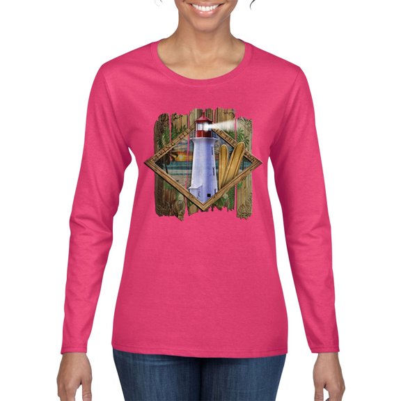 Living Life In The Sun Surfboards Sunsets Lighthouse Pop Culture Womens Graphic Long Sleeve T-Shirt, Fuschia, 2XL