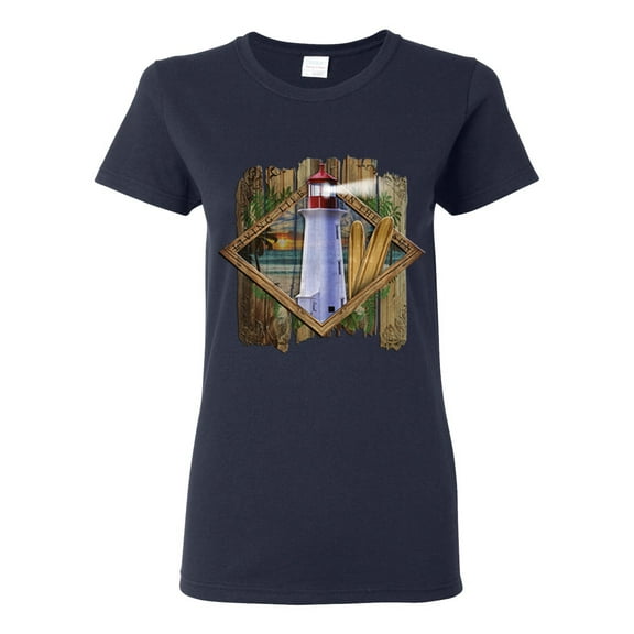 Living Life In The Sun Surfboards Sunsets Lighthouse Pop Culture Womens Graphic T-Shirt, Navy, 2XL