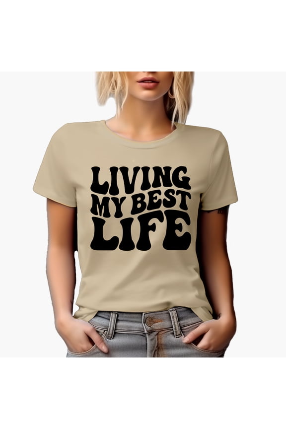Living My Best Life, Groovy Retro Wavy Text Merch Gift, Tan T-Shirt, Small