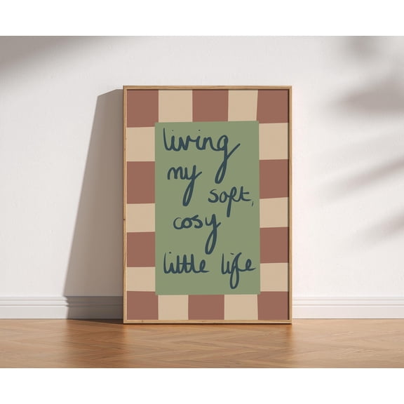 Living My Cosy Little Life Print Retro Checkerboard Wall Art Mid Century Modern Quote Post