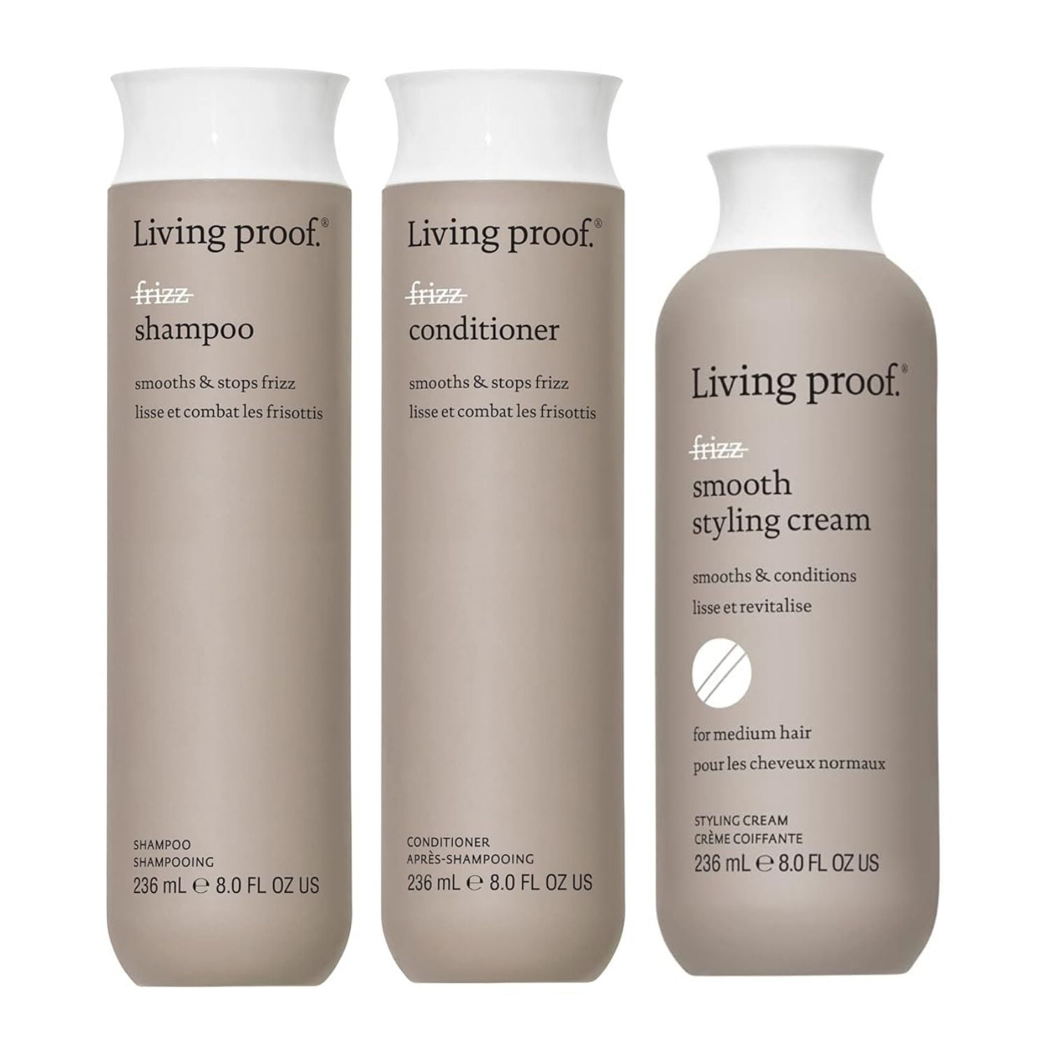 Living Proof No Frizz Shampoo, Conditioner and Styling Cream Set for frizzy Hair 8 oz Each