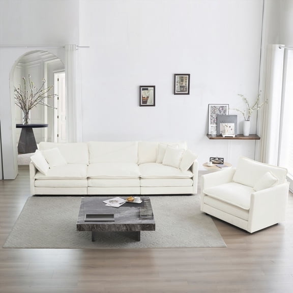 Living Room 1+3 Seat White Sofa Set, Upholstered with Premium Materials, Flexible Combination for Various Sizes