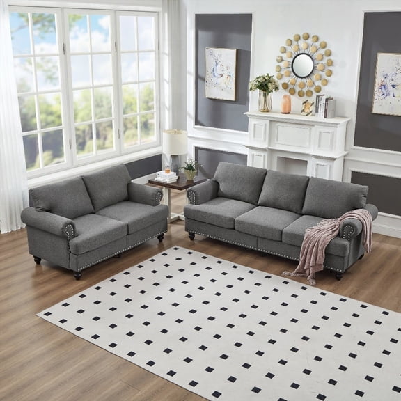 Modern Grey Polyester 2+3 Seater Sofa with Solid Wood Frame and Nail Decor for Living Room