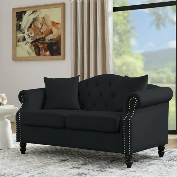 Living Room 2 - 57" Black Velvet With Rolled Arms, Nailhead Trim, Removable Pillows 2 Seater Back, For Apartment &
