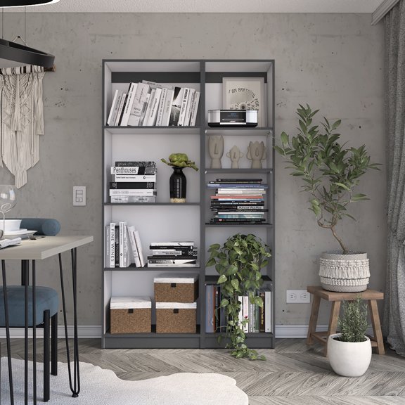 Living Room 2 Piece Bookcase Storage For Office Organization And Decoration - 42" Wide, 9 Shelves, Matt Gray/white, Particle Board Furnishing