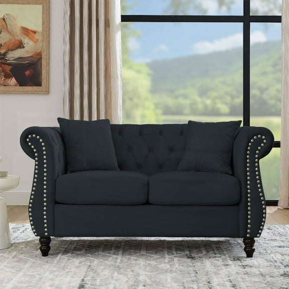 Living Room 2 Seater Chesterfield Sofa in Black Velvet - With Rolled Arms & Nailhead, Comes with 2 Pillows