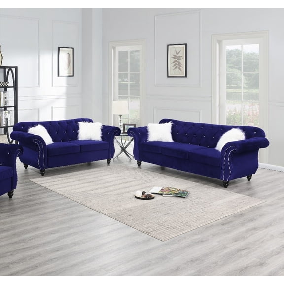 Modern Velvet 2pc Sofa Set for Living Room - 93"L x 34"W x 37"H, Indigo