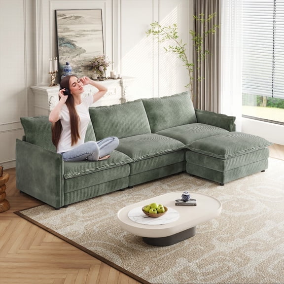 Modern Corduroy 3-Seater Sofa 2208075cm with Movable Footrest