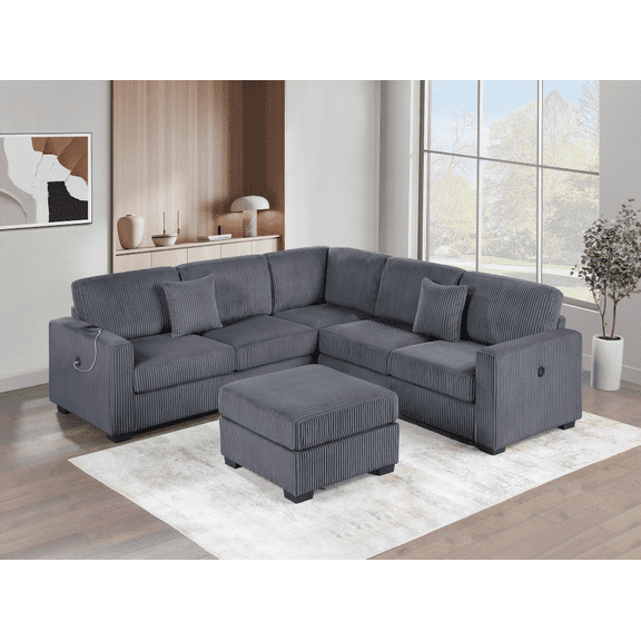 Living Room 4pc Corduroy Dark Gray Sectional Set with USB, Ottoman & Corner Wedge for Modern Living