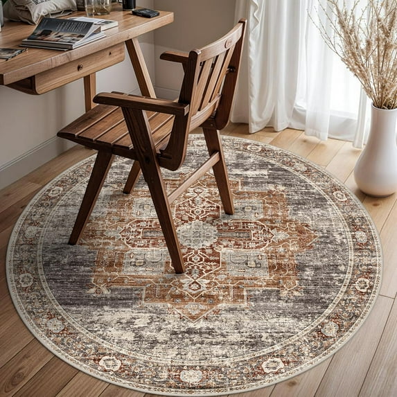 Living Room 4round Area Rugs - Boho Rugs for Bedroom Dining Room Stain Resistant Carpet Vintage Tribal Rugs for Kitchen Bathroom with Non Slip Backing Home Decor Floor Mat 4ft Brick