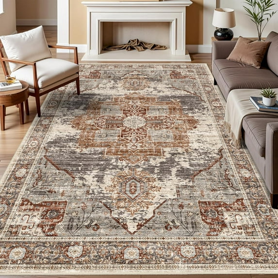 Living Room 7x9 Area Rug - Washable Area Rugs with Non Slip Backing Stain Resistant Carpet for Bedroom Vintage Rugs Indoor Ultra-Thin Carpets Home Decor Decoration Mat 7x9 Brick