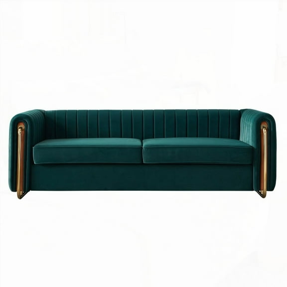 Living Room 84.25''W Green Velvet Sofa Couch featuring Gold Metal Legs and Solid Wood Frame