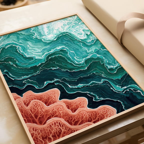 Living Room Abstract Wall Art NatureInspired Wave Poster Turquoise Copper Design Modern Oc