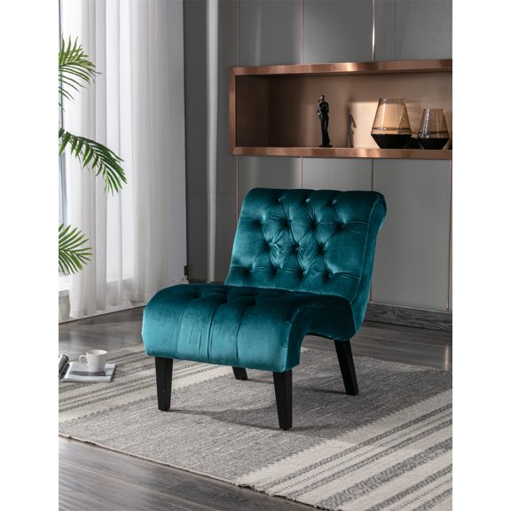 Living Room Accent Chair, Curved Back Leisure Chair, Single Armless Sofa Chair with Tufted Back and Solid Wood Legs, Upholstered Lounge Chair Side Chair for Bedroom Apartment Office, Teal