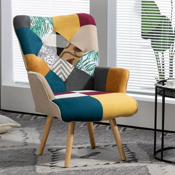 Living Room Accent Chair with High Backrest, Bedroom Plaid Bohemian Upholstered Armchair for Mid Century, Modern Cozy Chairs for Small Spaces, Colorful