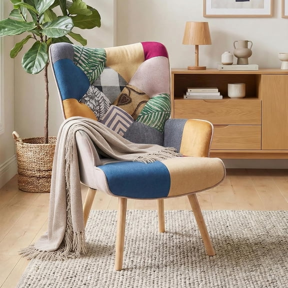 Living Room Accent Chair, Modern High Back Armchair, Boho Patchwork Fabric Chair, Colorful Upholstered Reading Chair with Solid Wood Legs for Bedroom, Small Space