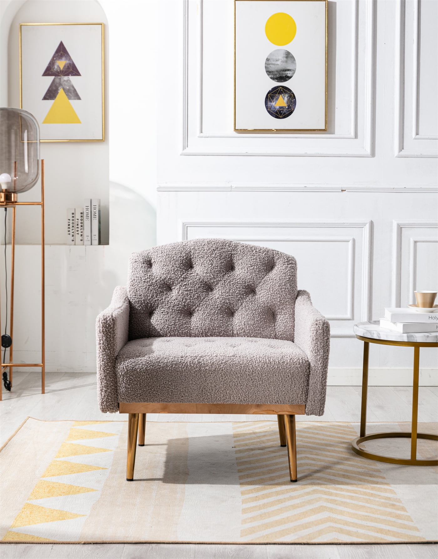 Living Room Accent Chair Teddy Fabric Upholstered Leisure Single Sofa Chair with Rose Golden Legs Modern Tufted Lounge Armchair for Home Bedroom