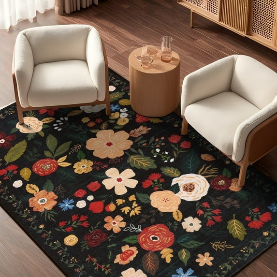 3x5 ft Living Room Area Rug Machine Washable Boho Area Rug Non Slip Floral Vintage Low Pile Large Rug for Living Room, Bedroom, Farmhouse, Dining Room