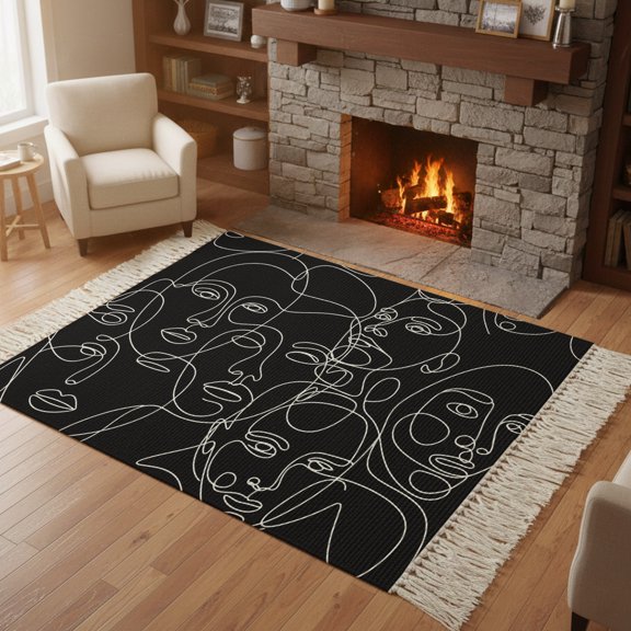 Living Room Area Rug 4'x 6', Abstract Style Washable Large Carpet with Tassels, Black Face Line Modern Character Art Farmhouse Low-Profile Carpet Mat for Bedroom, Kitchen, Home Decor