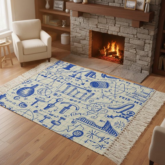 Living Room Area Rug 4'x 6', Blue Physics Washable Large Carpet with Tassels, Model Laboratory Formula Equations Plaid Farmhouse Low-Profile Carpet Mat for Bedroom, Kitchen, Home Decor