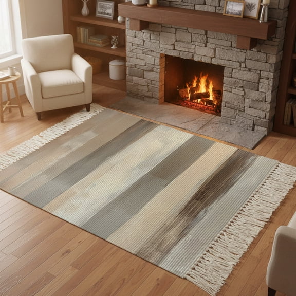 Living Room Area Rug 4'x 6', Brown Grey Washable Large Carpet with Tassels, Abstract Neutral Textured Modern Minimalist Farmhouse Low-Profile Carpet Mat for Bedroom, Kitchen, Home Decor